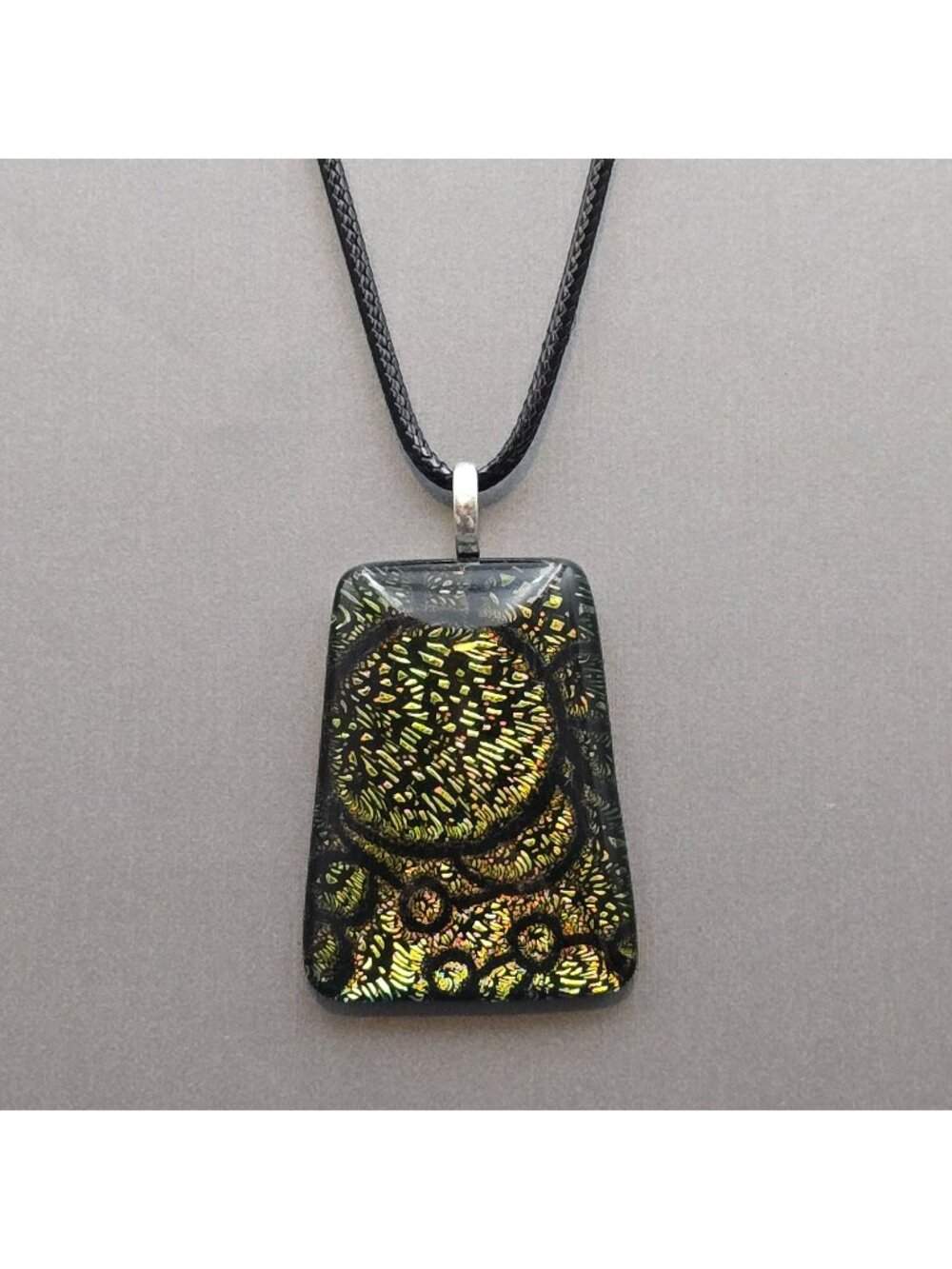 Dichroic Glass Pendant Necklace Green Black Circular Motif Modern Geometric